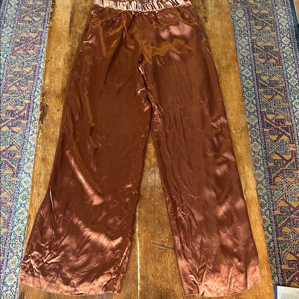 Zara Copper Satin Wide Leg Pants | Metallic Rust Pull-On Trousers | Size S